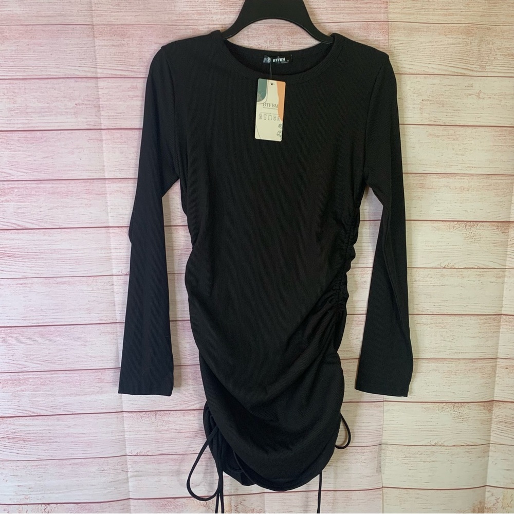 BTFBM New Black Long Sleeve Ruched Dress Size Small